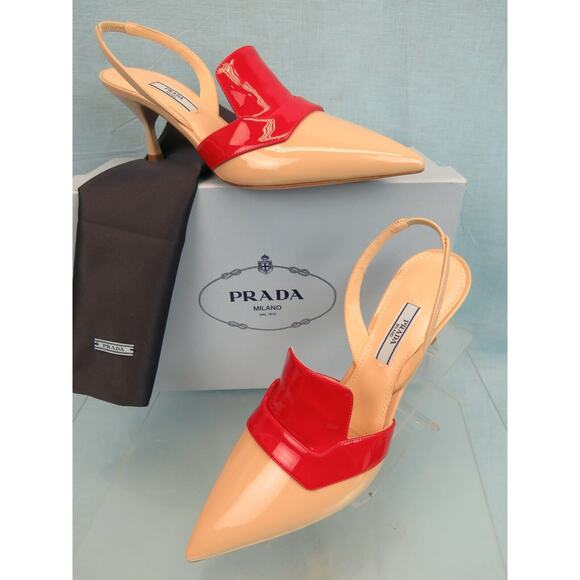 NIB PRADA 1I270L BEIGE RED PATENT LEATHER POINTED TOE SANDALS MULES PUMPS 39 IT - Picture 6 of 12